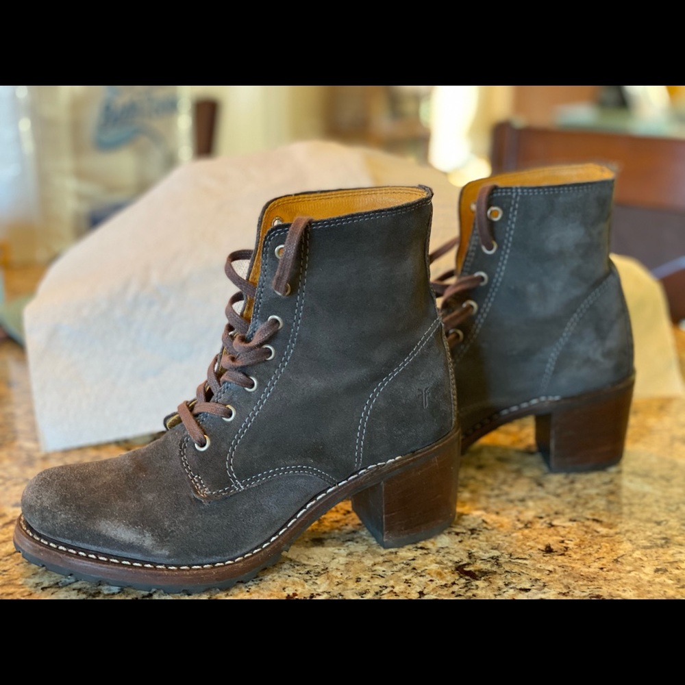 Frye gray lace up boot with Vibram rubber